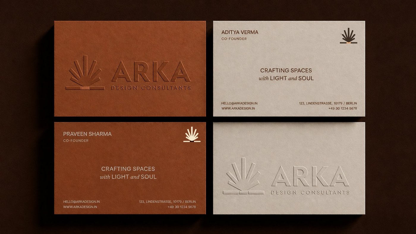 Arka Design Consultants brand identity — business card system